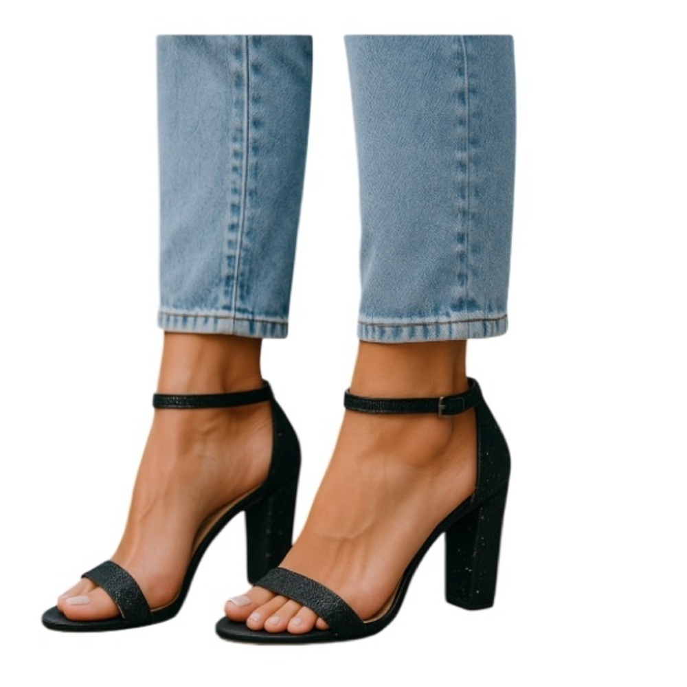 Le Chateau Jewel Studded Elegant Black Heels Open Toe Ankle Strap 39 EU